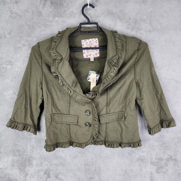 Womens Olive Green Decree Ruffle Blazer Jacket 3/4 Sleeves 100% Cotton Size XL - Picture 2 of 10